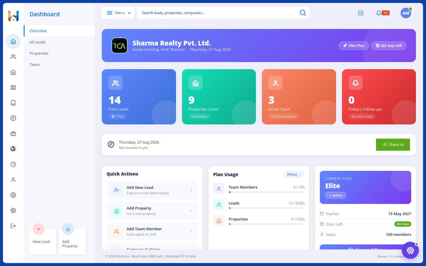 Homiora dashboard with demo leads, properties, team activity and follow-ups