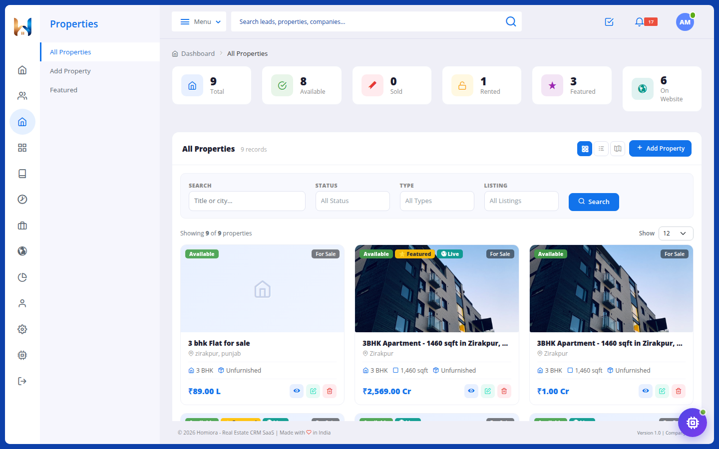 Homiora Properties demonstration screen